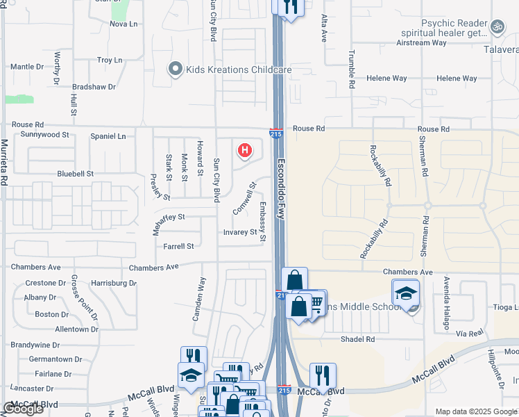map of restaurants, bars, coffee shops, grocery stores, and more near 27219 Embassy Street in Menifee