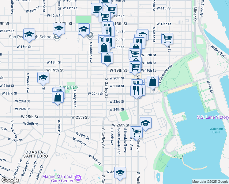map of restaurants, bars, coffee shops, grocery stores, and more near 658 West 22nd Street in Los Angeles
