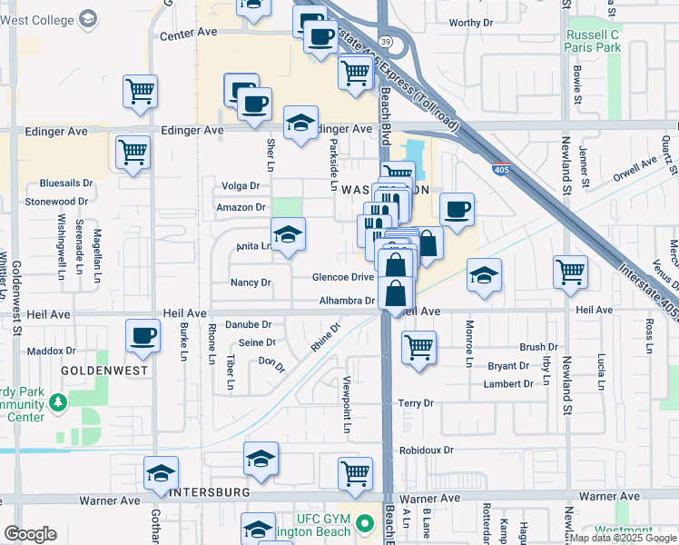 map of restaurants, bars, coffee shops, grocery stores, and more near 7871 Glencoe Drive in Huntington Beach