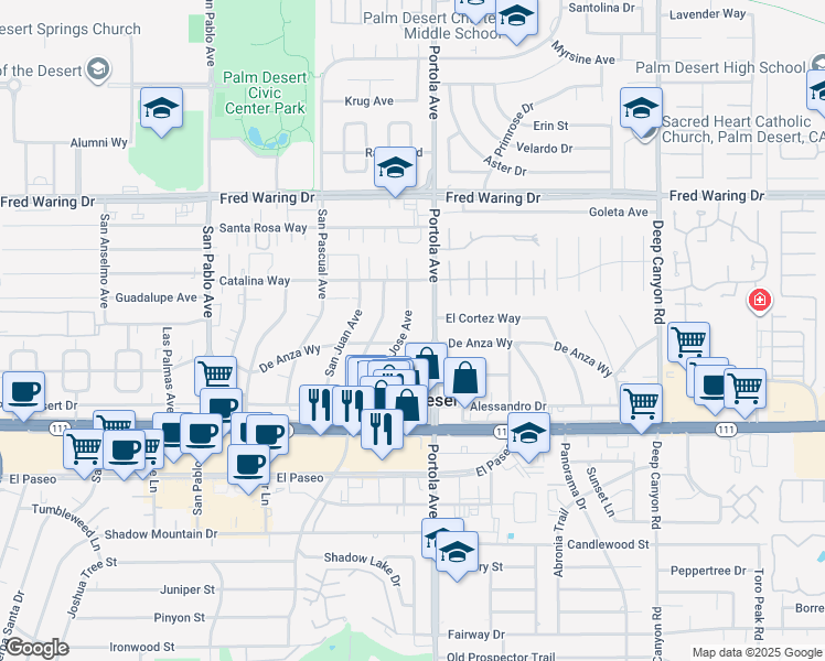 map of restaurants, bars, coffee shops, grocery stores, and more near 44586 San Jose Avenue in Palm Desert