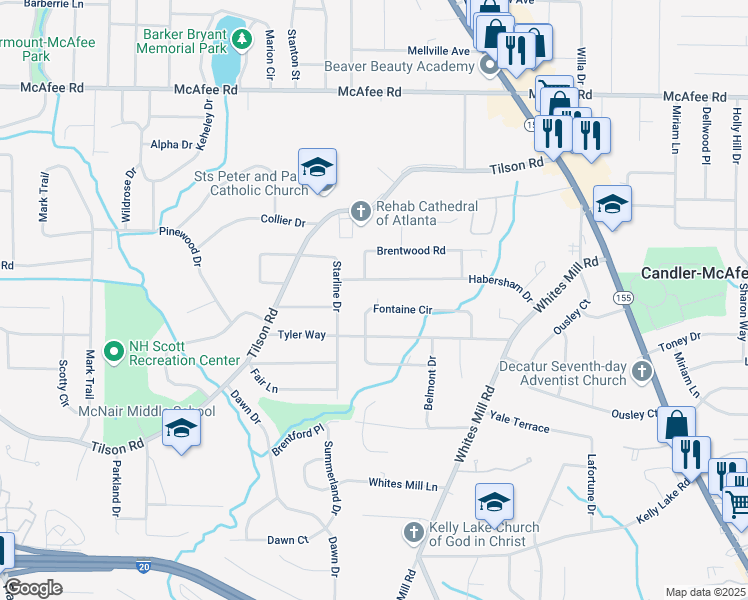 map of restaurants, bars, coffee shops, grocery stores, and more near 2464 Fontaine Cir in Decatur