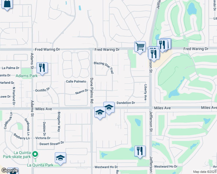 map of restaurants, bars, coffee shops, grocery stores, and more near 44640 Verbena Drive in La Quinta