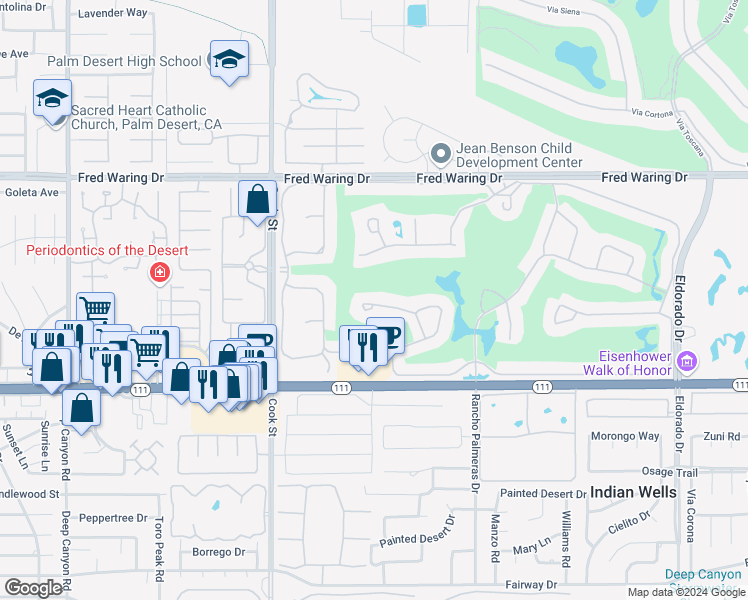 map of restaurants, bars, coffee shops, grocery stores, and more near 75304 Saint Andrews Court in Indian Wells
