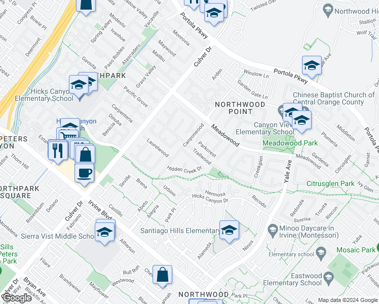 map of restaurants, bars, coffee shops, grocery stores, and more near 7 Mahogany Drive in Irvine