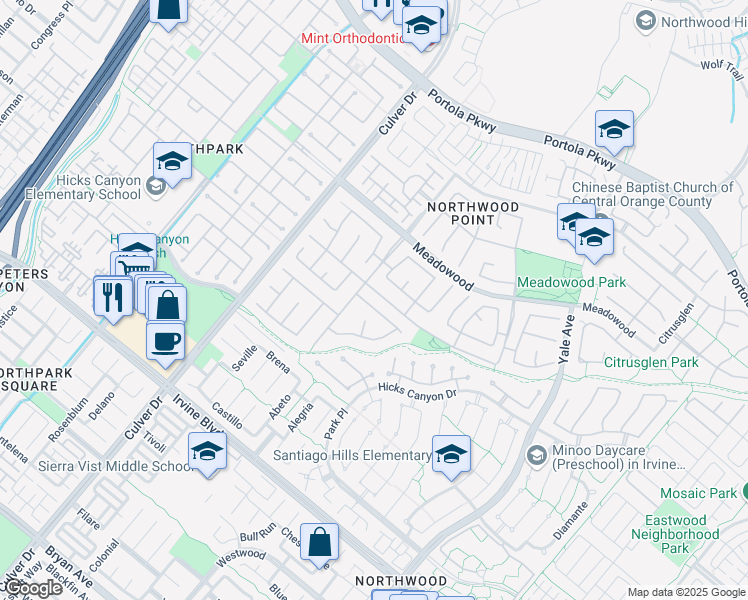 map of restaurants, bars, coffee shops, grocery stores, and more near 7 Mahogany Drive in Irvine