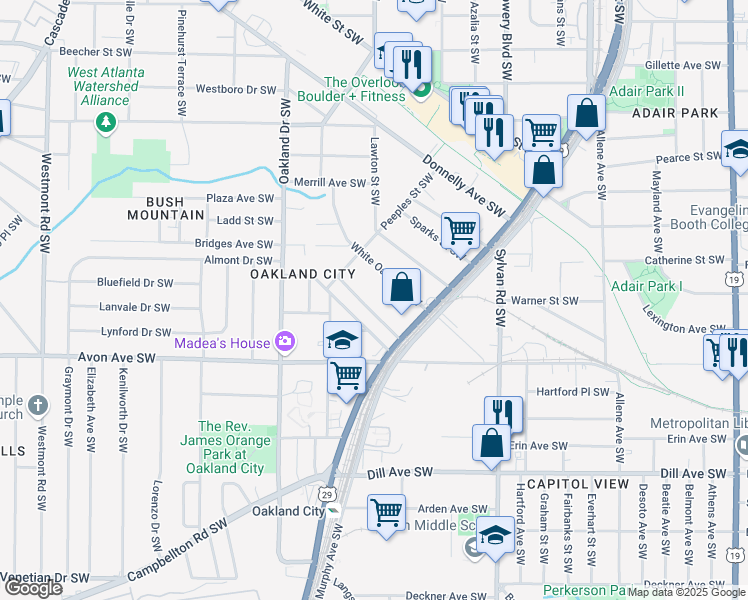 map of restaurants, bars, coffee shops, grocery stores, and more near 1095 Tucker Avenue Southwest in Atlanta