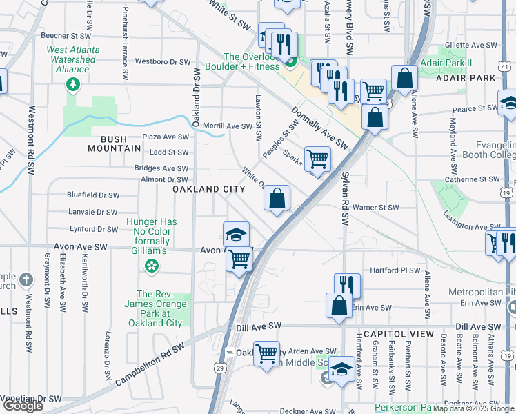 map of restaurants, bars, coffee shops, grocery stores, and more near 1091 Tucker Avenue Southwest in Atlanta