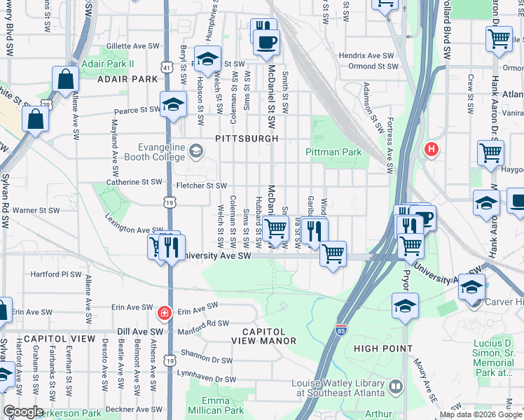 map of restaurants, bars, coffee shops, grocery stores, and more near 1120 Hubbard Street Southwest in Atlanta