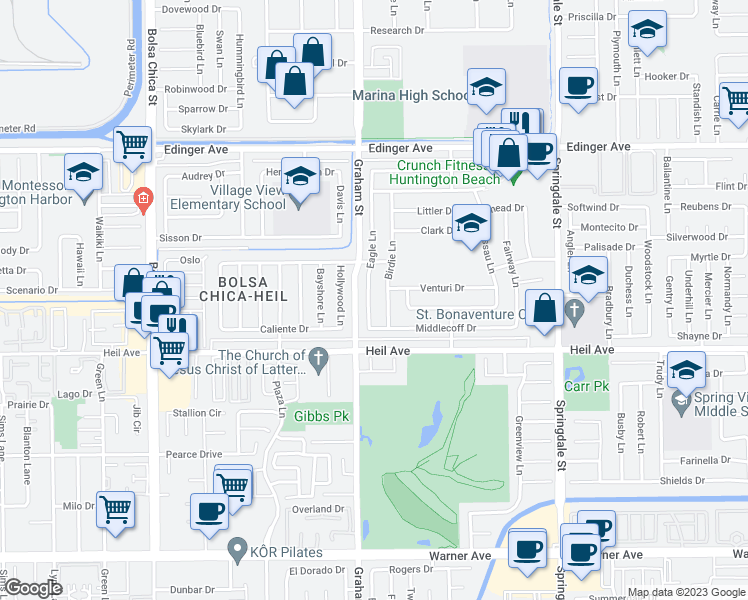map of restaurants, bars, coffee shops, grocery stores, and more near 16362 Eagle Lane in Huntington Beach