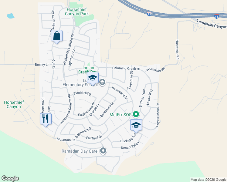 map of restaurants, bars, coffee shops, grocery stores, and more near 13601 Basswood Drive in Corona