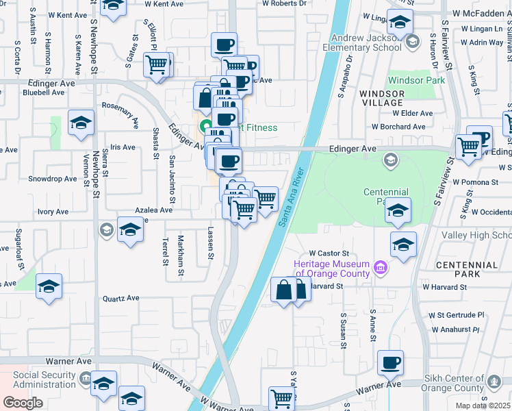 map of restaurants, bars, coffee shops, grocery stores, and more near 16440 Brighton River in Fountain Valley