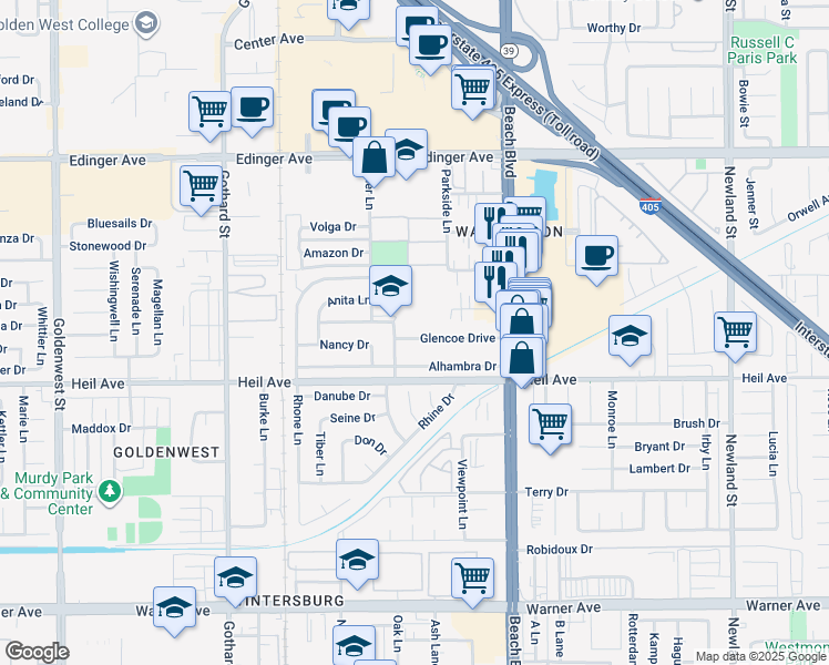 map of restaurants, bars, coffee shops, grocery stores, and more near 7771 Glencoe Drive in Huntington Beach