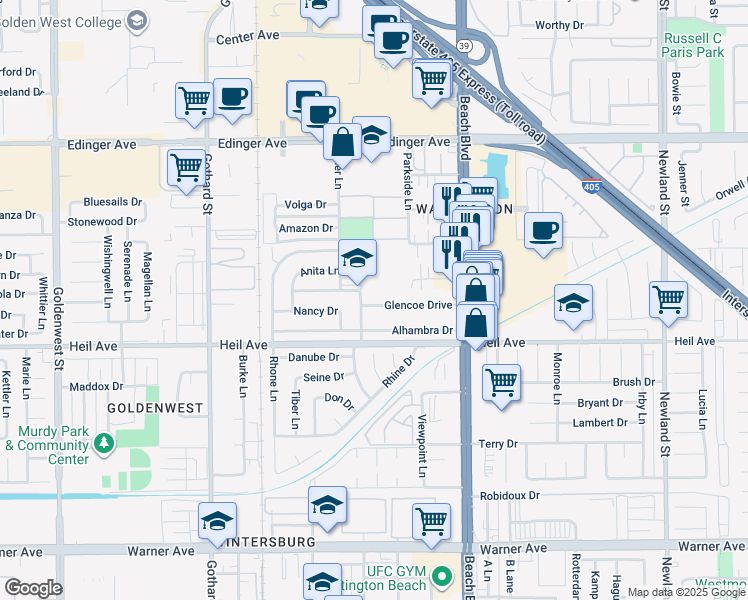 map of restaurants, bars, coffee shops, grocery stores, and more near 7771 Glencoe Drive in Huntington Beach