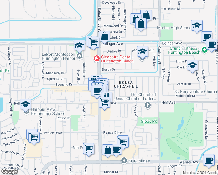map of restaurants, bars, coffee shops, grocery stores, and more near 16351 Saratoga Lane in Huntington Beach