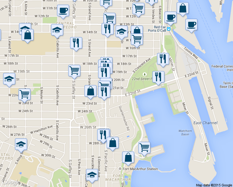 map of restaurants, bars, coffee shops, grocery stores, and more near 452 West 22nd Street in Los Angeles
