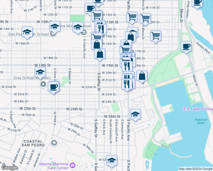map of restaurants, bars, coffee shops, grocery stores, and more near 658 West 22nd Street in Los Angeles