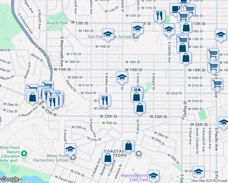 map of restaurants, bars, coffee shops, grocery stores, and more near 1152 W 22nd St in San Pedro