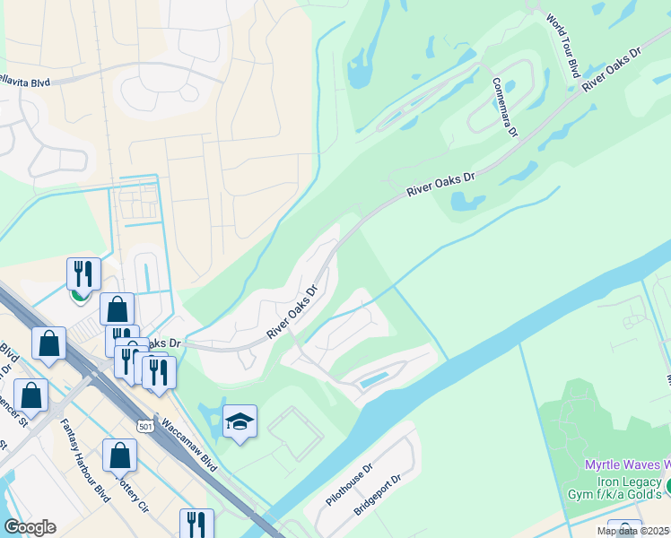 map of restaurants, bars, coffee shops, grocery stores, and more near 45-A River Oaks Drive in Myrtle Beach