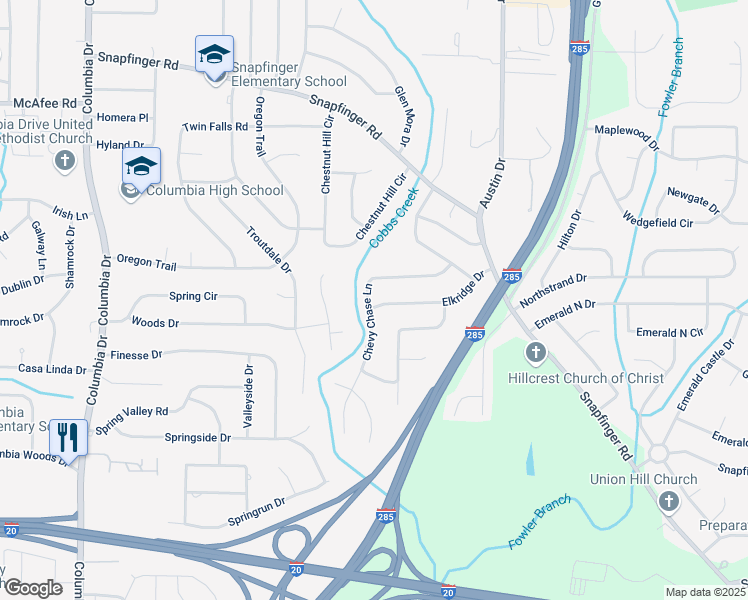 map of restaurants, bars, coffee shops, grocery stores, and more near 3666 Elkridge Drive in Decatur