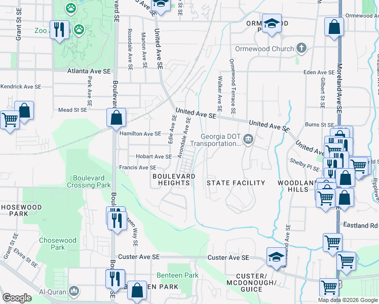 map of restaurants, bars, coffee shops, grocery stores, and more near 1144 Avondale Avenue Southeast in Atlanta