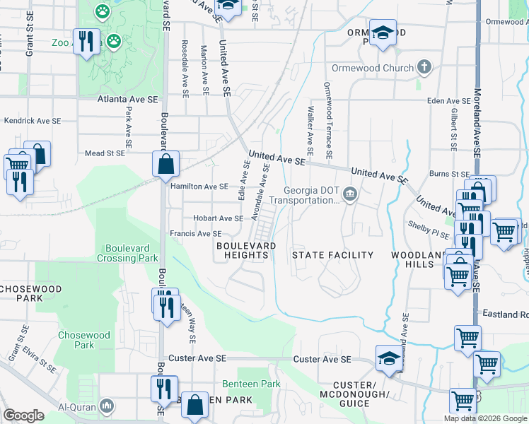 map of restaurants, bars, coffee shops, grocery stores, and more near 1105 Avondale Avenue Southeast in Atlanta