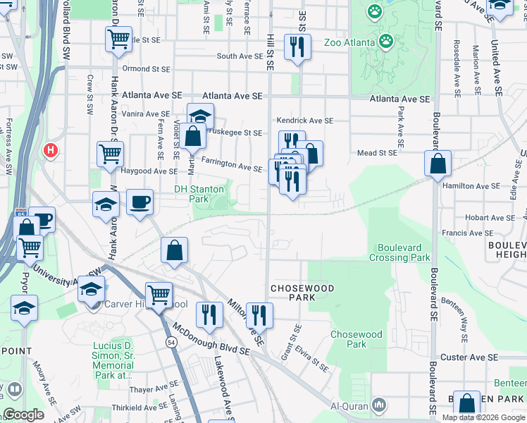 map of restaurants, bars, coffee shops, grocery stores, and more near 1086 Grant Terrace Southeast in Atlanta
