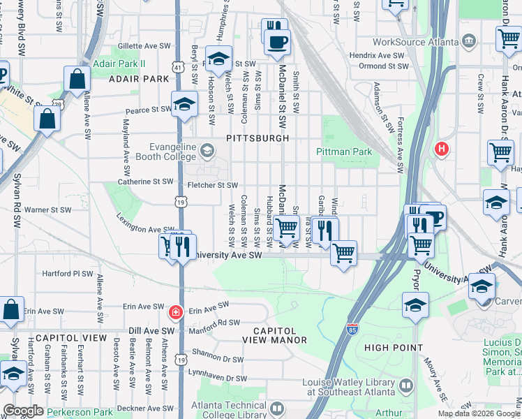 map of restaurants, bars, coffee shops, grocery stores, and more near 1107 Sims Street Southwest in Atlanta