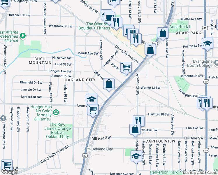 map of restaurants, bars, coffee shops, grocery stores, and more near 1033 White Oak Avenue Southwest in Atlanta
