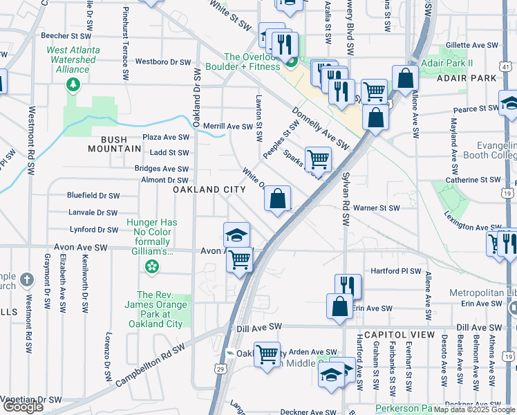 map of restaurants, bars, coffee shops, grocery stores, and more near 1095 Tucker Avenue Southwest in Atlanta