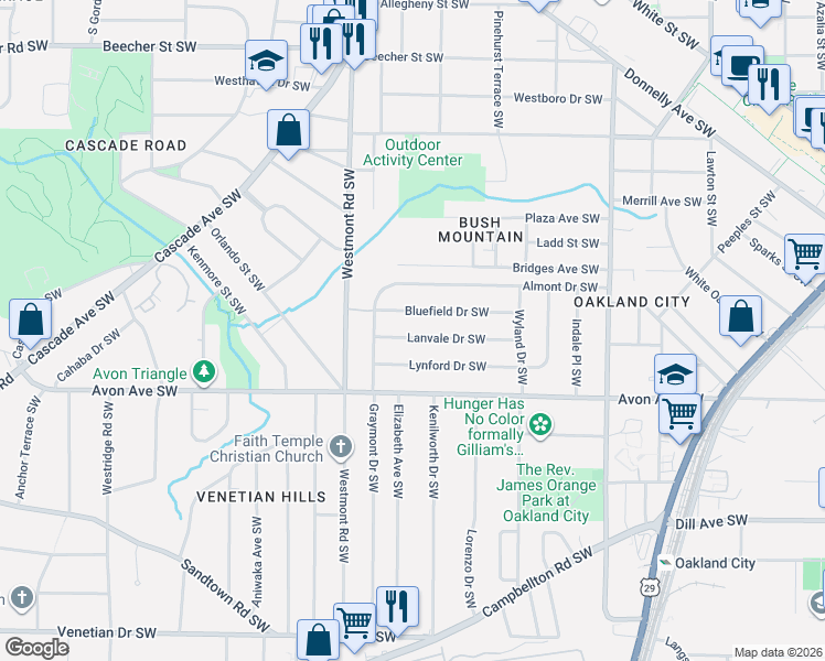 map of restaurants, bars, coffee shops, grocery stores, and more near 1435 Lanvale Drive Southwest in Atlanta