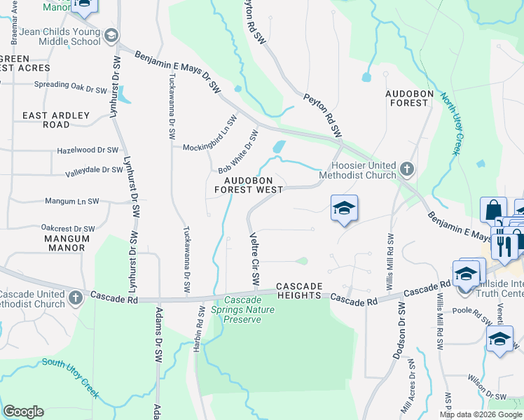 map of restaurants, bars, coffee shops, grocery stores, and more near 1098 Veltre Circle Southwest in Atlanta