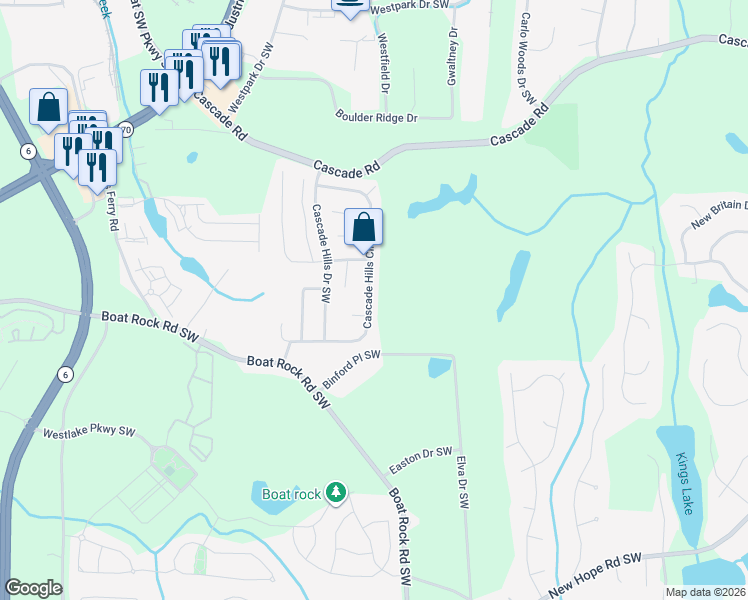 map of restaurants, bars, coffee shops, grocery stores, and more near 5065 Cascade Hills Circle Southwest in Atlanta