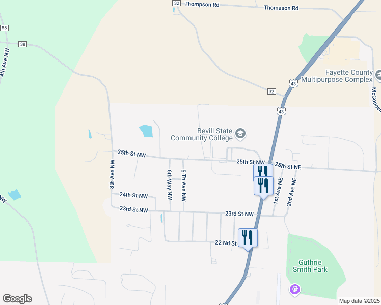 map of restaurants, bars, coffee shops, grocery stores, and more near 25th Street Northwest in Fayette
