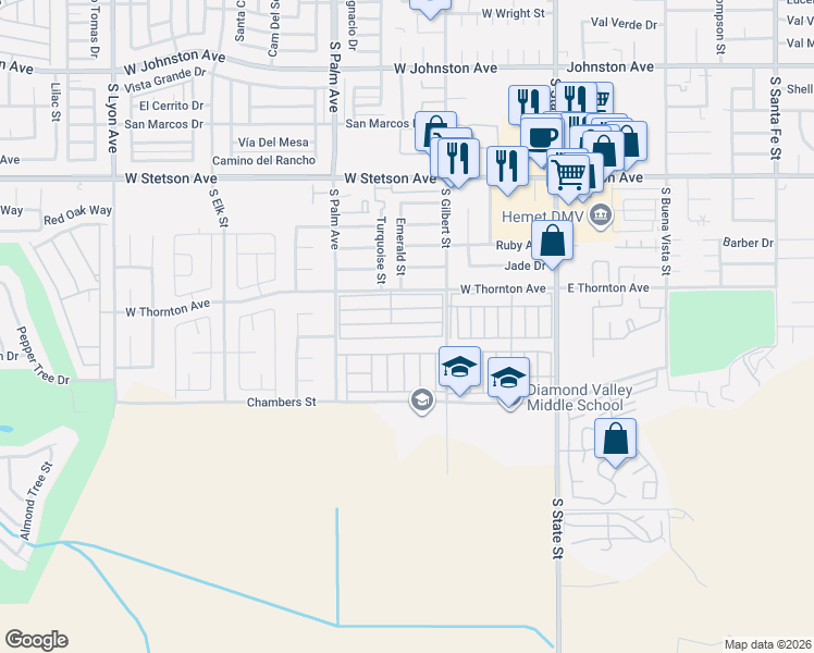 map of restaurants, bars, coffee shops, grocery stores, and more near 725 West Thornton Avenue in Hemet