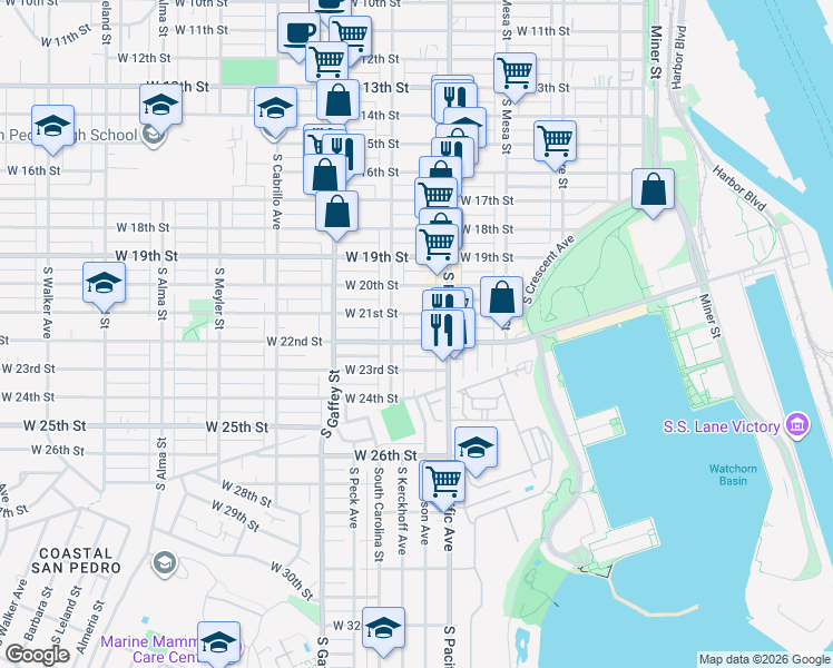 map of restaurants, bars, coffee shops, grocery stores, and more near 552 West 22nd Street in Los Angeles