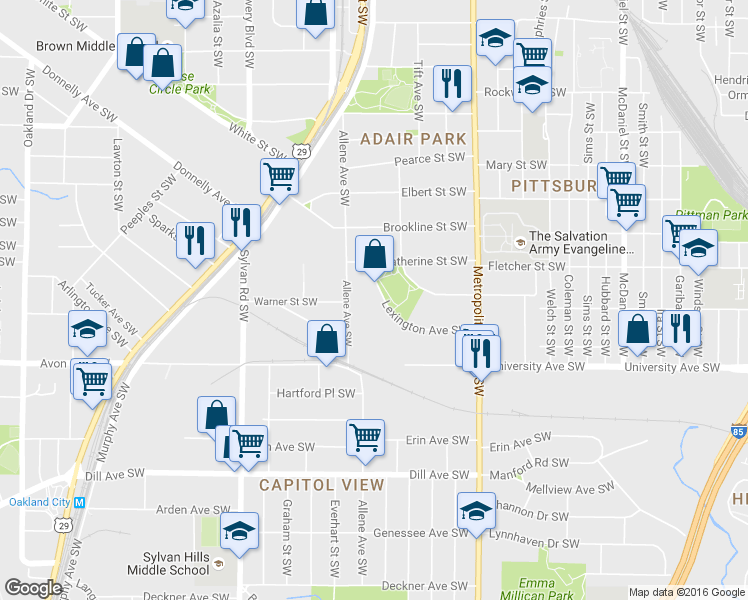 map of restaurants, bars, coffee shops, grocery stores, and more near 750 Lexington Avenue Southwest in Atlanta