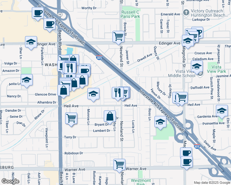 map of restaurants, bars, coffee shops, grocery stores, and more near 16410 Jody Circle in Westminster