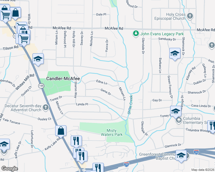 map of restaurants, bars, coffee shops, grocery stores, and more near 2975 Edna Lane in Decatur