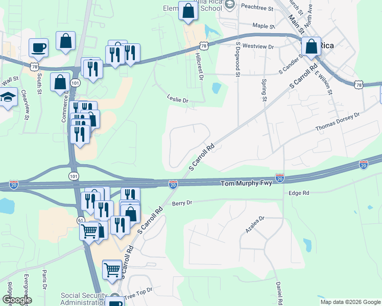 map of restaurants, bars, coffee shops, grocery stores, and more near 311 Berkley Drive in Villa Rica