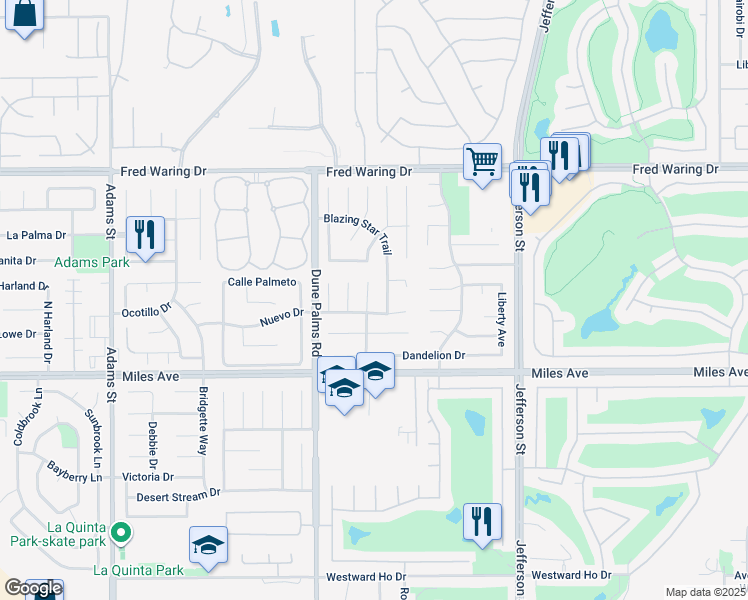 map of restaurants, bars, coffee shops, grocery stores, and more near 44640 Verbena Drive in La Quinta