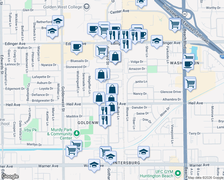map of restaurants, bars, coffee shops, grocery stores, and more near 16392 Gothard Street in Huntington Beach