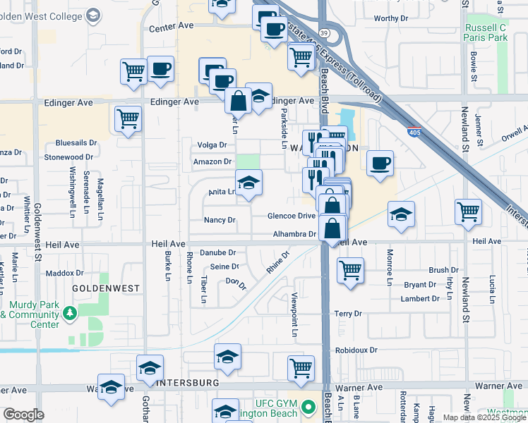 map of restaurants, bars, coffee shops, grocery stores, and more near 7771 Glencoe Drive in Huntington Beach