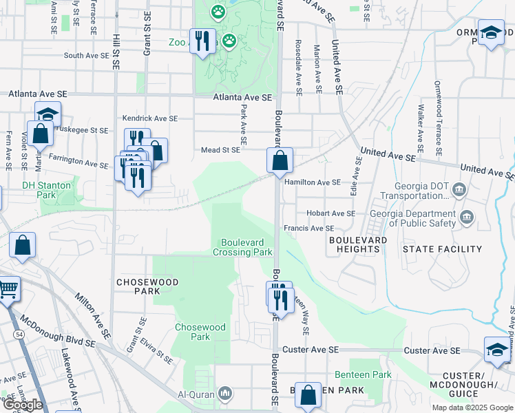 map of restaurants, bars, coffee shops, grocery stores, and more near 557 Schuyler Street Southeast in Atlanta