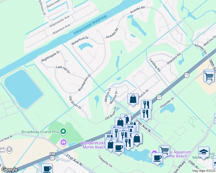 map of restaurants, bars, coffee shops, grocery stores, and more near 2956 Midiron Court in Myrtle Beach