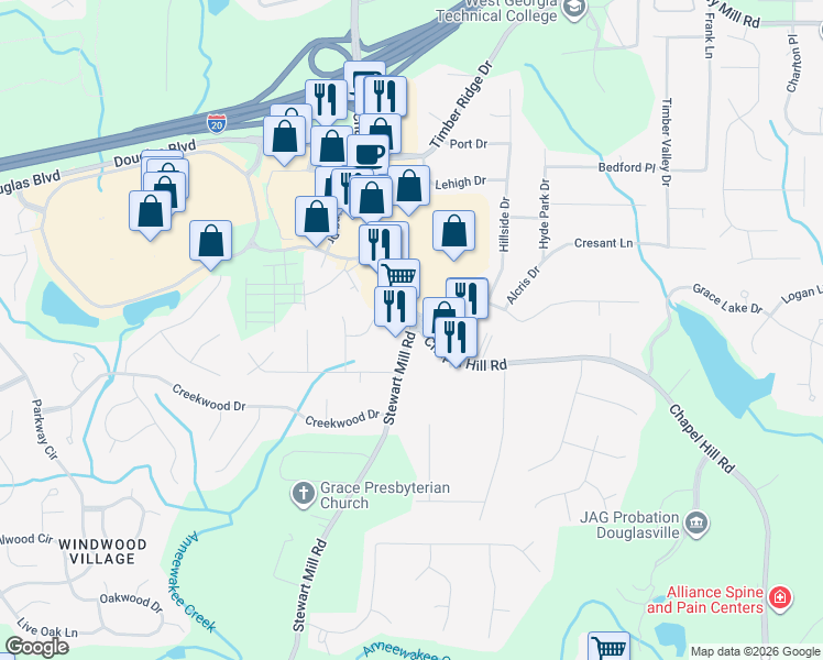 map of restaurants, bars, coffee shops, grocery stores, and more near 2959 Chapel Hill Road in Douglasville