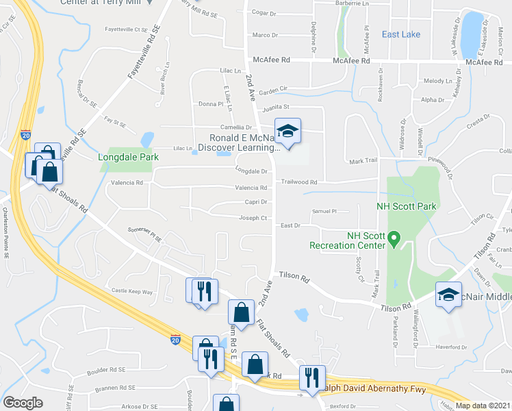 map of restaurants, bars, coffee shops, grocery stores, and more near 1985 Capri Dr in Decatur