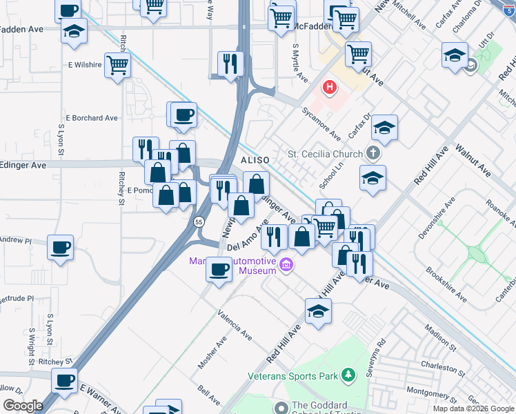map of restaurants, bars, coffee shops, grocery stores, and more near 1100 Edinger Avenue in Tustin