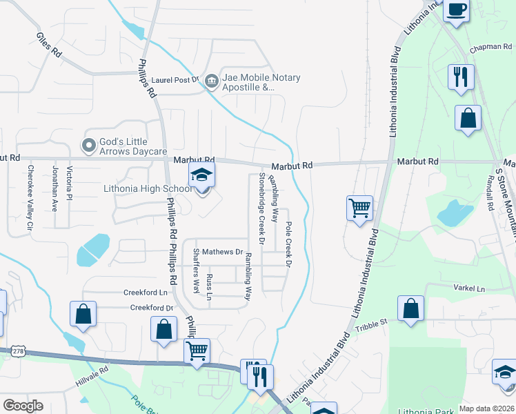 map of restaurants, bars, coffee shops, grocery stores, and more near 2967 Stonebridge Creek Drive in Lithonia