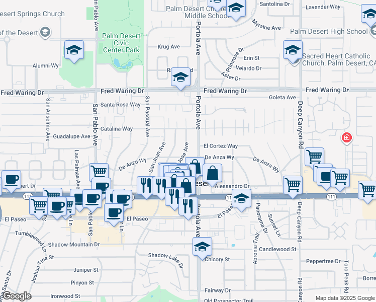 map of restaurants, bars, coffee shops, grocery stores, and more near 44586 San Jose Avenue in Palm Desert