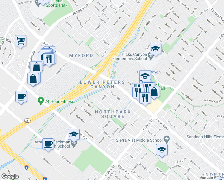 map of restaurants, bars, coffee shops, grocery stores, and more near 12 Solstice in Irvine